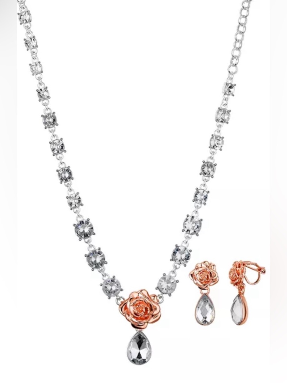 Disney Kid's Princess Belle Beauty & Beast Clear Teardrop Necklace & Earring Set